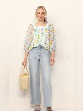 NWT LC Lauren Conrad Blue Grand Floral Square Neck Peasant Top XL